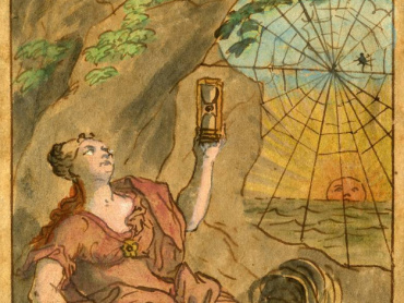 Johann Christoph Handke: Návrh freskové výmalby klenby a bočních stěn výklenku pro orloj, Píle. Alegorická ženská postava drží v levici přesýpací hodiny a v pravici ostruhu jako nástroj udržující bdělost při práci trvající po celou noc, kohout zobající u nohou postavy záhy ohlásí východ slunce, pavouk natáhnuvší pavučinu přes otvor jeskyně symbolizuje klauzuru nezbytnou pro pilné sebevzdělávání. Kolorovaná perokresba, 1746. Státní okresní archiv v Olomouci, Archiv města Olomouce, fond M-34, Sbírka obrazového materiálu a fotografií Olomouc, inv. č. 3150.